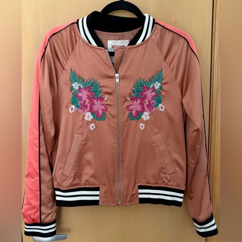 Mossimo Coral-Pink Floral Embroidered Bomber Jacket